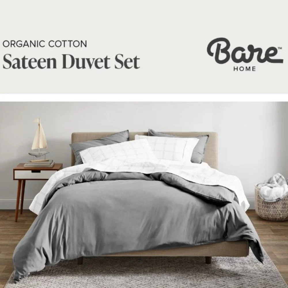 SATEEN WEAVE DUVET COVER SET w/ 2 SHAMS I ORGANIC COTTON - FULL/QUEEN (Grey)